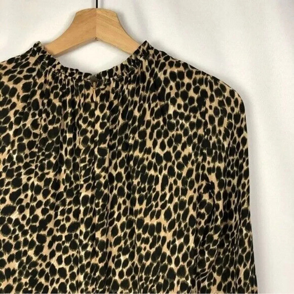 J. Crew Brown Leopard Print Ruffle Neck Peasant Long Sleeve Midi Dress 0 - Picture 5 of 7
